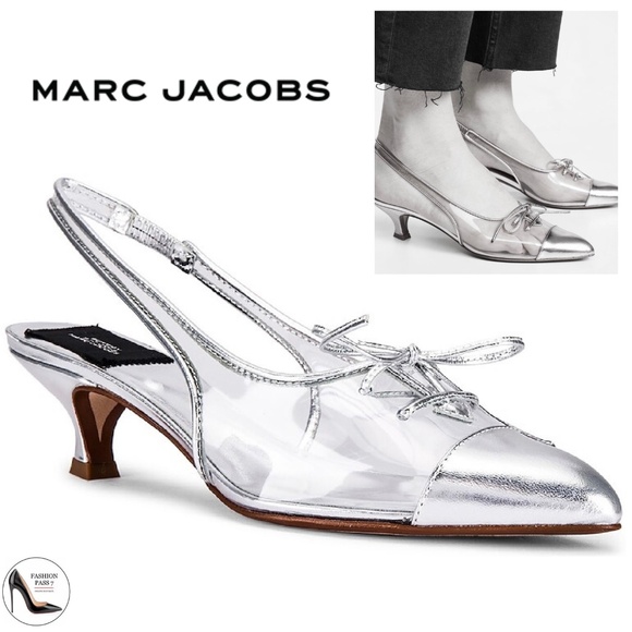 MARC JACOBS Women's Slingback Kitten-Heel Pumps Silver Clear Pointed Toe Shoes - Picture 1 of 16